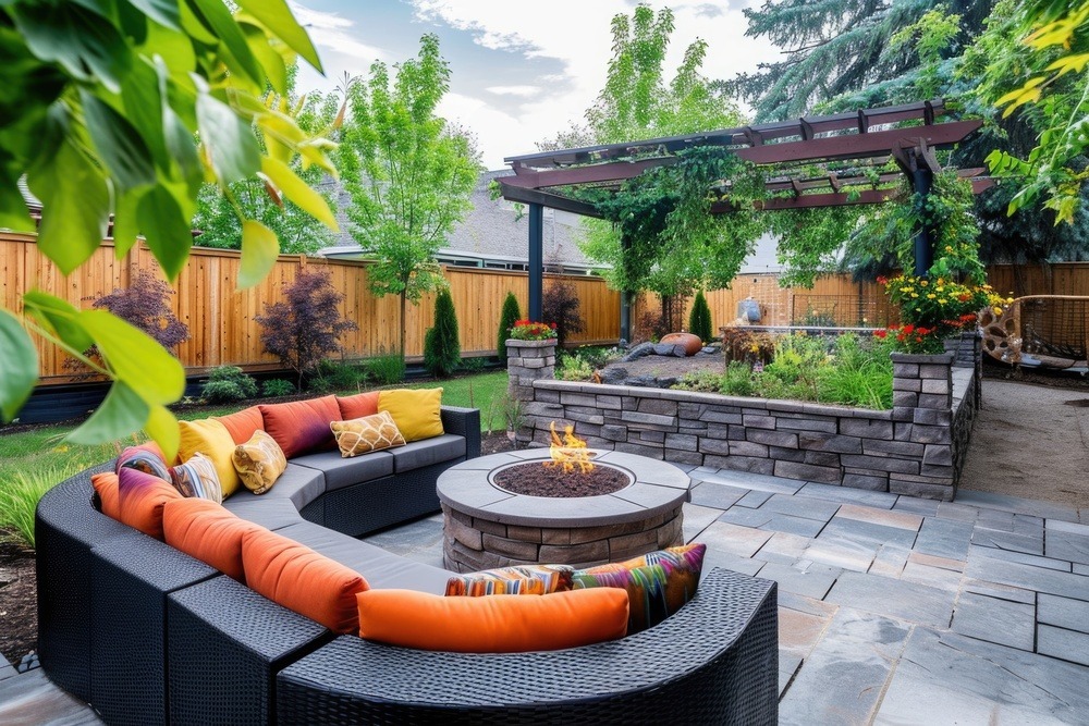 Modern Backyard with Fire Pit at Dusk